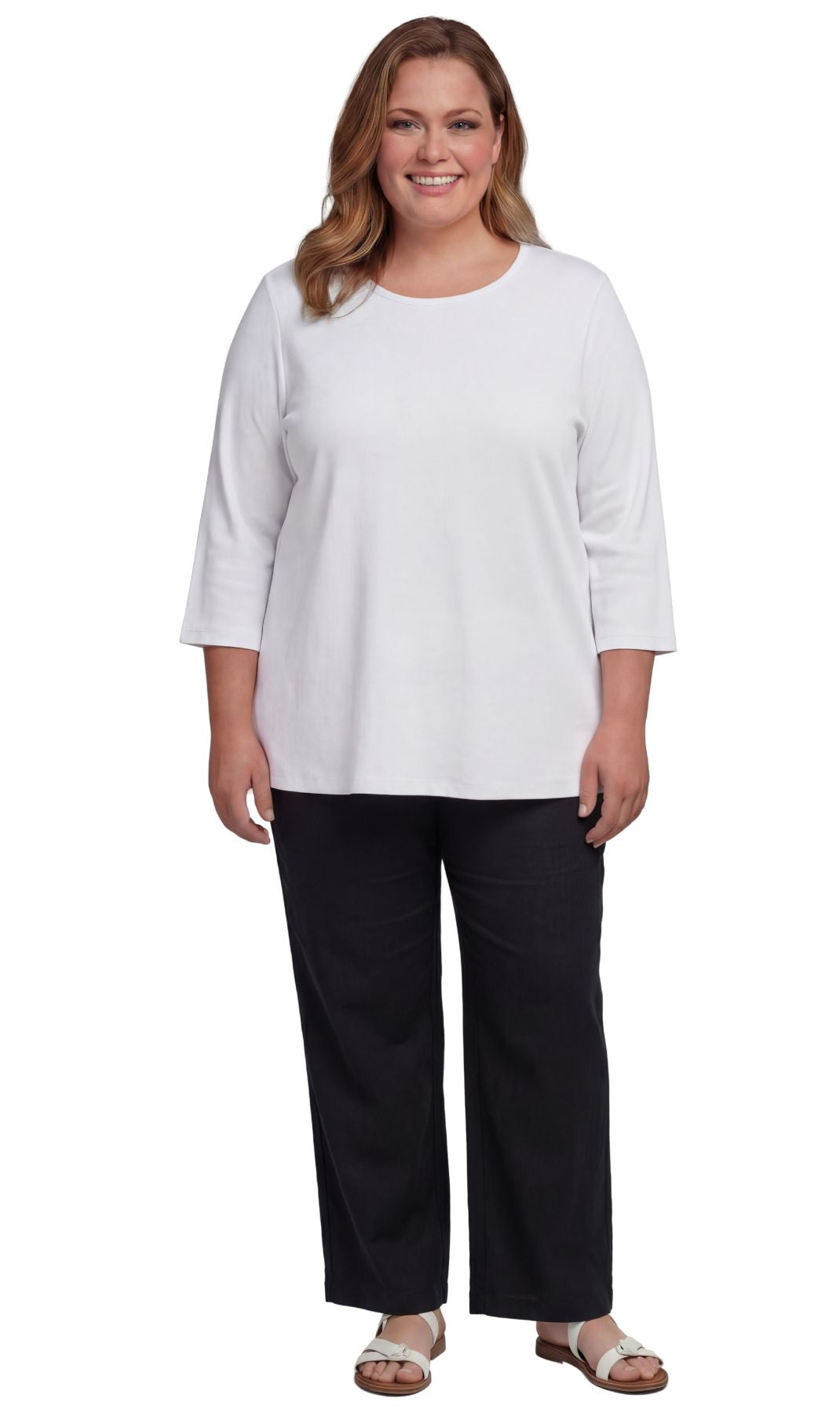 Turtle Bay New York Women's Cotton Blend Ribbed Knit Top, Crew Neck, 3/4 Sleeve