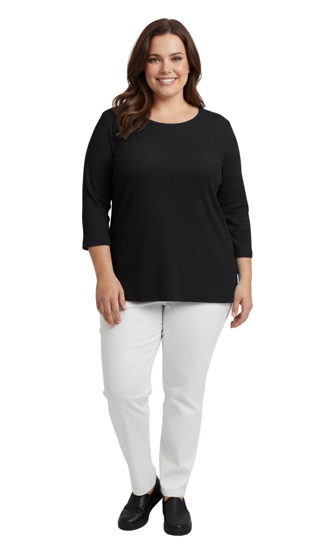 Turtle Bay New York Women's Cotton Blend Ribbed Knit Top, Crew Neck, 3/4 Sleeve