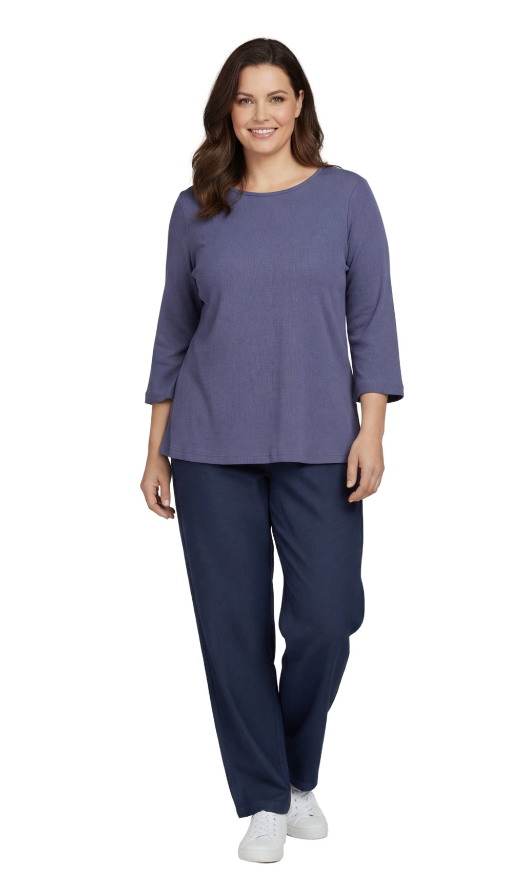 Turtle Bay New York Women's Cotton Blend Ribbed Knit Top, Crew Neck, 3/4 Sleeve