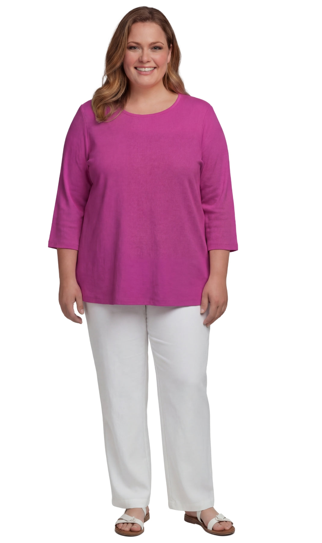 Turtle Bay New York Women's Cotton Blend Ribbed Knit Top, Crew Neck, 3/4 Sleeve