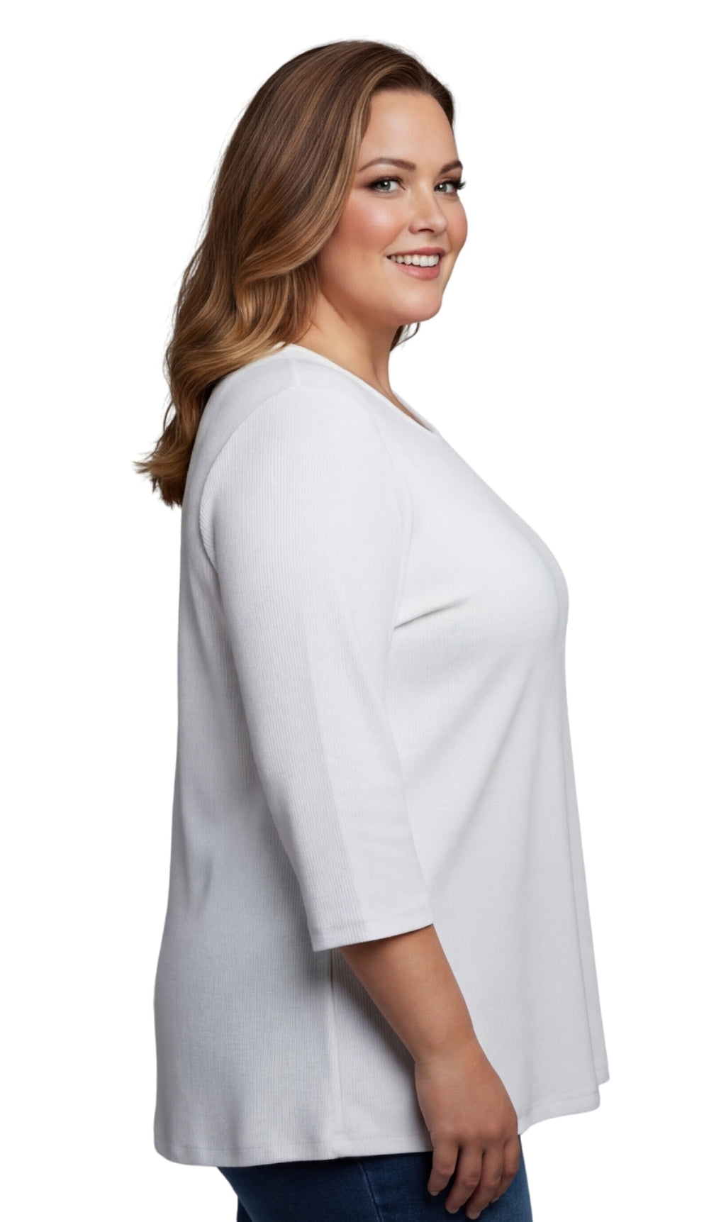 Turtle Bay New York Women's Cotton Blend Ribbed Knit Top, Crew Neck, 3/4 Sleeve