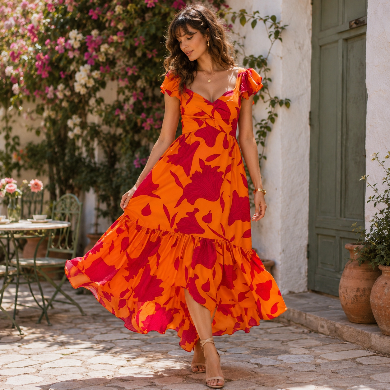 Vibrant Fire Floral High Low Maxi Dress
